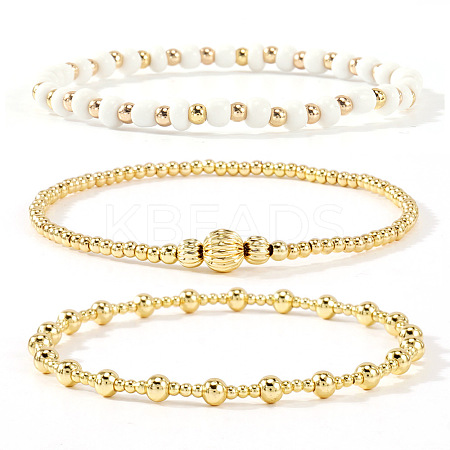 3Pcs Glass & Brass Round Beads Stretch Bracelets HD9470-8-1
