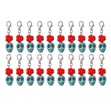 Skull Synthetic Turquoise & Resin Rose Pendant Decorations HJEW-JM03999-1