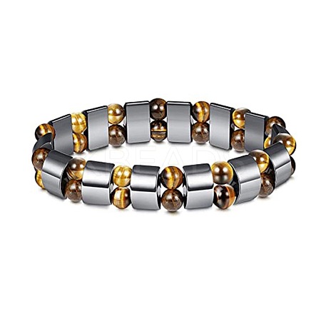 8mm Round Naturla Tiger Eye & Half Round Synthetic Non-magnetic Hematite Beaded Stretch Bracelets for Women Men UP4024-1-1