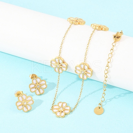304 Stainless Steel with Resin Flower Link Chain Necklaces & Stud Earrings SJEW-Z005-02G-01-1