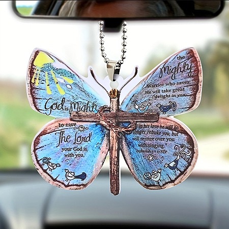 Colorful Butterfly Faith Jesus Cross Acrylic Pendant Decoration RJEW-E007-03P-10-1