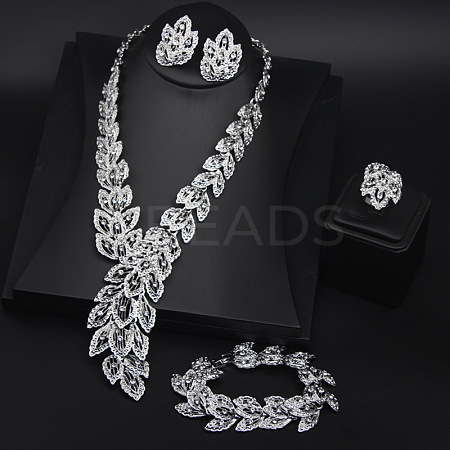 Feather Alloy Crystal Rhinestone Link Bracelets & Stud Earrings & Chain Necklaces & Rings Sets FS-WGFA57F-01-1