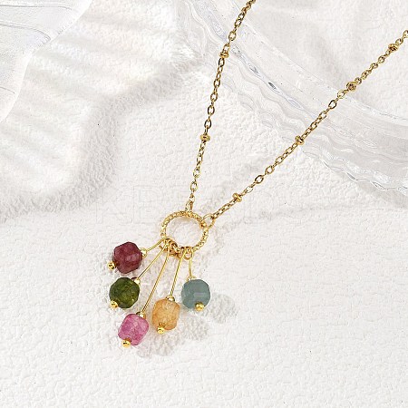 Natural Multicolor Tourmaline Faceted Cube Tassel Pendant 304 Stainless Steel Satellite Chain Necklaces for Women NJEW-JN06234-1
