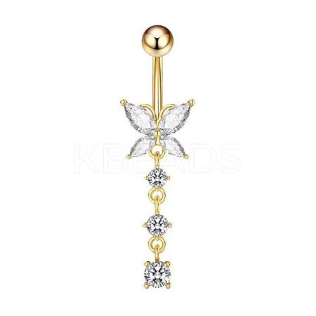 Butterfly Brass Pave Clear Cubic Zirconia Curved Barbell Dangle Belly Rings FS-WGEB4D3-08-1