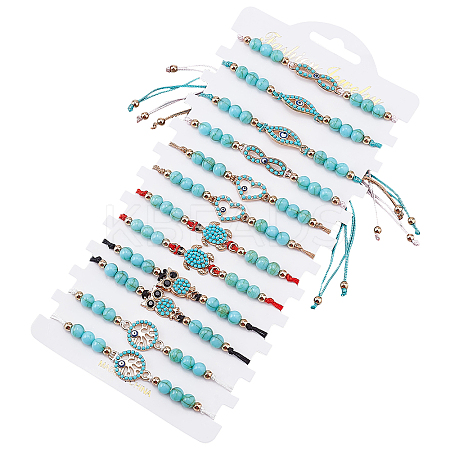 12Pcs 6 Styles Dyed Synthetic Turquoise Braided Bead Bracelets Set with Heart and Evil Eye BJEW-WH0020-02-1