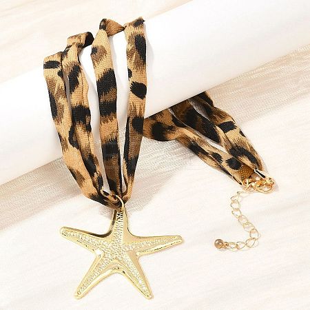 Ocean Alloy Starfish Pendant 2-Strand Leopard Print Polyester Cord Necklaces for Women NJEW-A066-06G-1