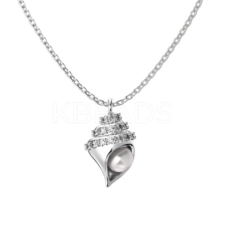 Rhodium Plated Summer Beach 925 Sterling Silver Micro Pave Clear Cubic Zirconia Cable Chain Conch Shell Pendant Necklaces NJEW-Q342-05P-1