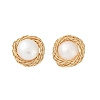 Flat Round Brass Imitation Pearl Stud Earrings KK-D301-10G-2