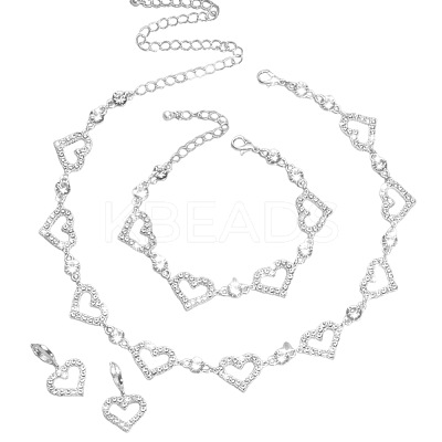 Heart Alloy Crystal Rhinestone Link Chain Necklace & Hoop Earring & Bracelets Sets FS-WG0CDC6-01-1-1