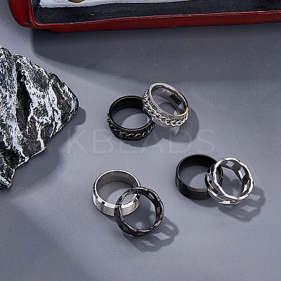 6Pcs 6 Style Stainless Steel Plain & Curb Chains Finger Rings Set for Women RJEW-FI0001-01-1