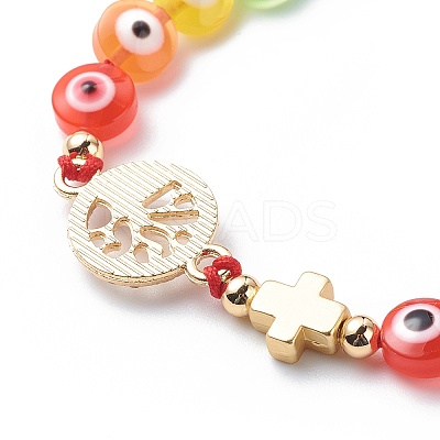 Evil Eye Resin Bead & Eye/Hamsa Hand/Flat Round Alloy Rhinestone Braided Beaded Bracelets for Girl Women BJEW-JB08742-1