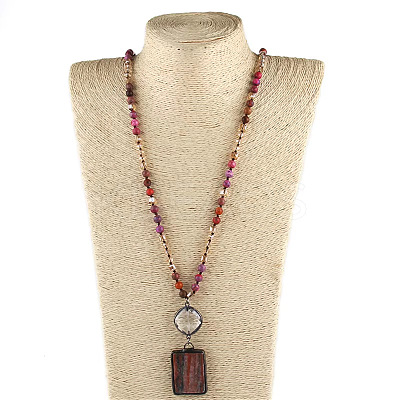 Rectangle & Flat Round Bohemian Style Natural Tourmaline with Glass Pendant Necklaces FS-WGEA5B3-06-1