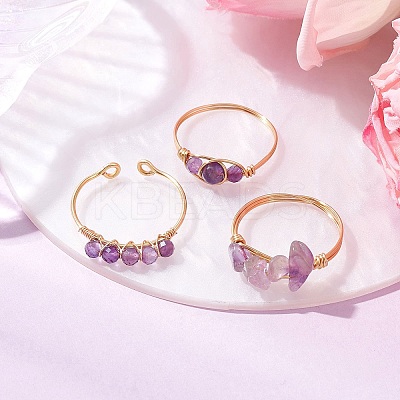3Pcs Natural  Amethyst Bead Finger Ring RJEW-JR00855-02-1