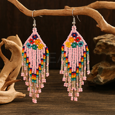 Bohemian Style Handmade Earrings with Glass Beads and Tassels QT0672-5-1