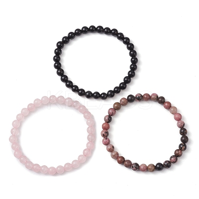 3Pcs 3 Style Natural Mixed Stone Round Beaded Stretch Bracelets BJEW-JB10178-01-1