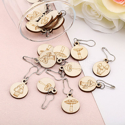 3 Bags Mushroom Pattern Flat Round Wooden Charm Locking Stitch Markers HJEW-BC0001-49-1