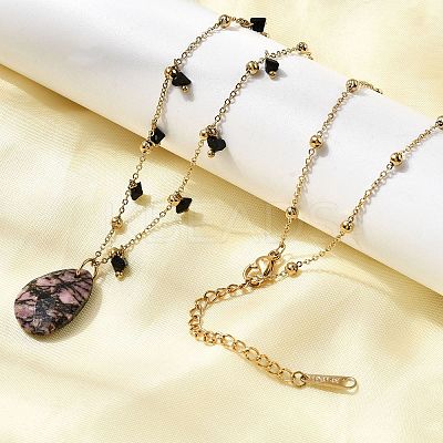 Natural Rhodonite Teardrop Pendant 304 Stainless Steel Satellite Chain Necklaces with Glass Beads NJEW-K255-57G-1