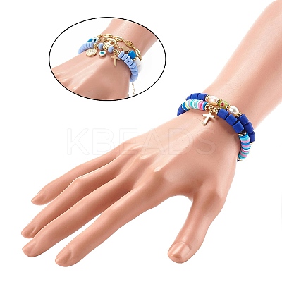 5Pcs 5 Style Handmade Polymer Clay Stretch & Brass Beaded & Alloy Link Chain Bracelets Set BJEW-SZ0001-66D-1
