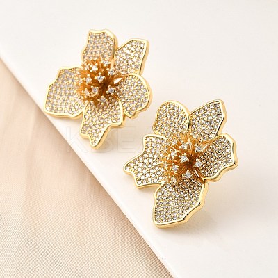 Brass Clear Cubic Zirconia Flower Stud Earrings EJEW-C147-02G-1
