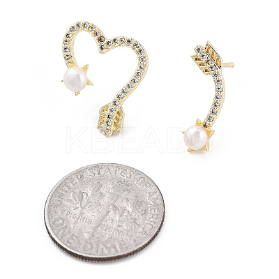 Clear Cubic Zirconia Arrow & Heart Asymmetrical Earrings with Natural Pearl Beaded EJEW-T019-06G-1