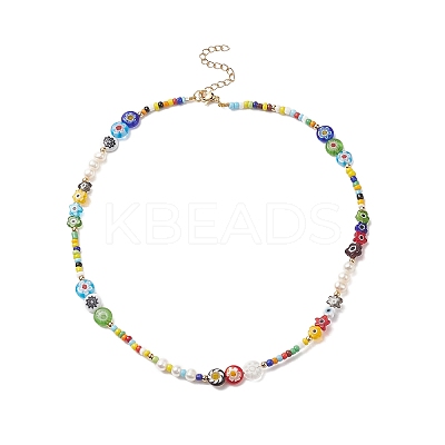 Natural Pearl & Millefiori & Seed Glass Beaded Necklace for Women NJEW-JN04160-1