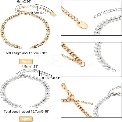 12Pcs 2 Style 304 Stainless Steel Chain & Brass Cable Chain Bracelet Making AJEW-NB0003-26-1