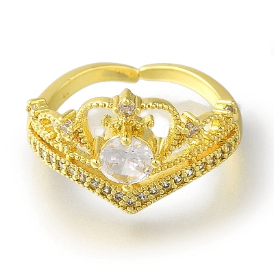 Rack Plating Crown Brass Micro Pave Clear Cubic Zirconia Open Cuff Rings for Women RJEW-H232-04G-1