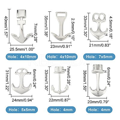 6Pcs 6 Styles 304 Stainless Steel Anchor Hook Clasps STAS-UN0050-80-1