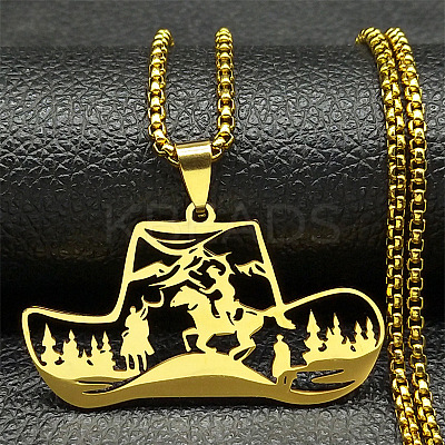 201 Stainless Steel Hollow Cowboy Hat Pendant Necklaces LS-NJEW-H065-27G-1