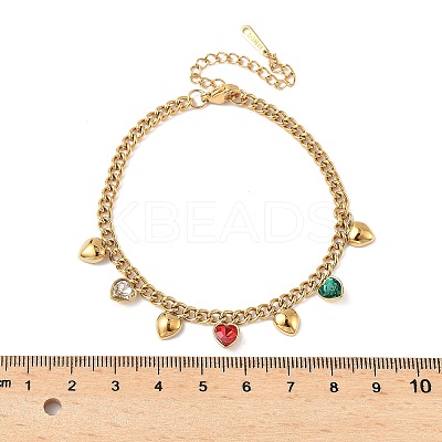 304 Stainless Steel Rhinestone Heart Charm Bracelets BJEW-V011-01G-01-1