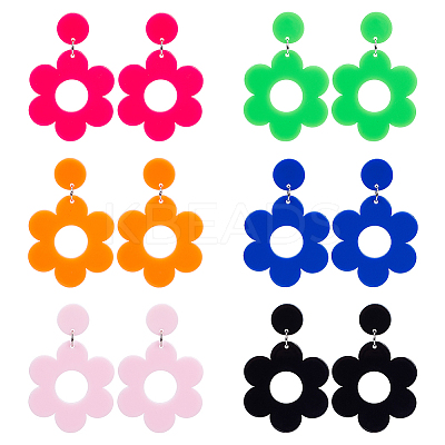 6 Pairs 6 Colors Flower Acrylic Dangle Stud Earrings with Steel Iron Pins for Women EJEW-AN0004-03-1