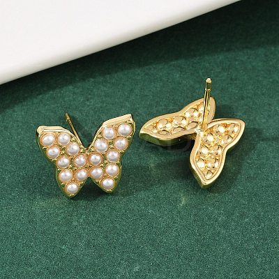 Brass ABS Plastic Pearl Butterfly Stud Earrings EJEW-L275-10G-1