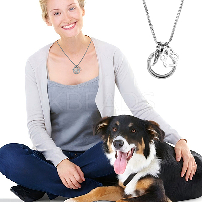 2Pcs 2 Colors Stainless Steel Paw Print Feather Flat Rond Pet Fur Locket Pendant Box Chain Necklaces NJEW-DR00016-1