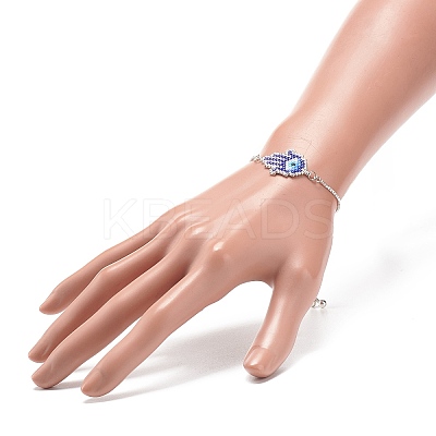 Glass Seed Braided Hamsa Hand with Evil Eye Link Slider Bracelet BJEW-MZ00003-1