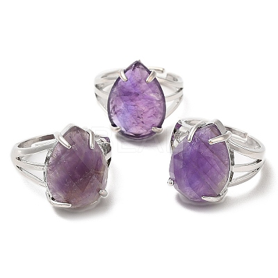 Natural Amethyst Teardrop Adjustable Rings RJEW-K241-03P-15-1