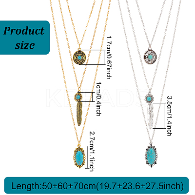 2Pcs 2 Colors Flower & Feather & Oval Imitation Turquoise Pendants 3 Layer Necklaces Set NJEW-AN0001-06-1