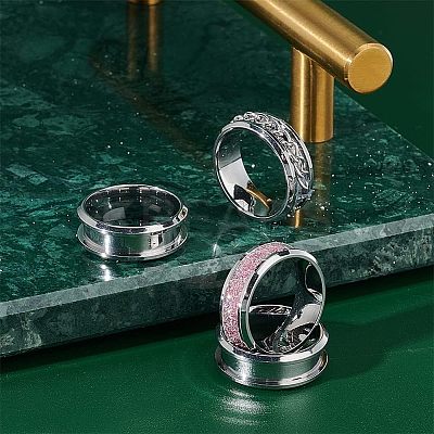 12Pcs Stainless Steel Grooved Finger Ring Settings STAS-UN0038-94B-1