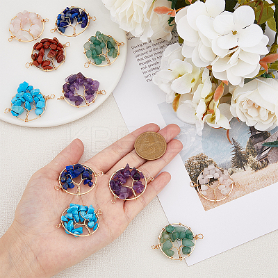 12Pcs 6 Styles Natural & Synthetic Mixed Gemstone Chip Tree of Life Connector Charms FIND-HY0002-71-1