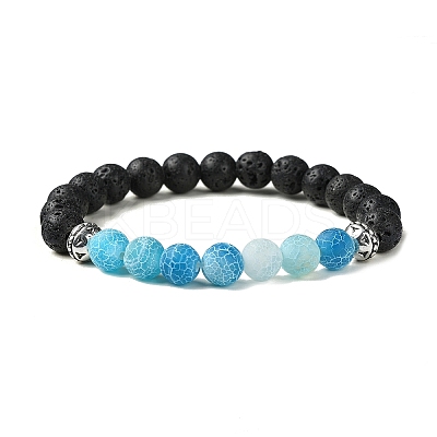 Natural Dyed Crackle Agate & Lava Rock Round Beaded Stretch Bracelet BJEW-TA00444-01-1