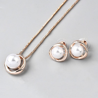 Alloy & Round Imitation Pearl Pendant Necklaces & Stud Earrings Sets SJEW-WH0020-04RG-1