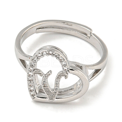 Heart with Letter Rack Plating Brass Micro Pave Cubic Zirconia Adjustable Rings for Women RJEW-I105-06P-V-1