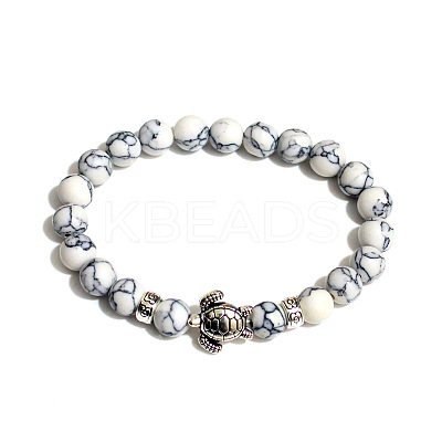 Synthetic Turquoise Round Beaded Stretch Bracelet with Turtle UL4697-5-1