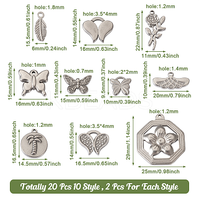 20Pcs 10 Style 304 Stainless Steel Pendants STAS-FW0001-28-1