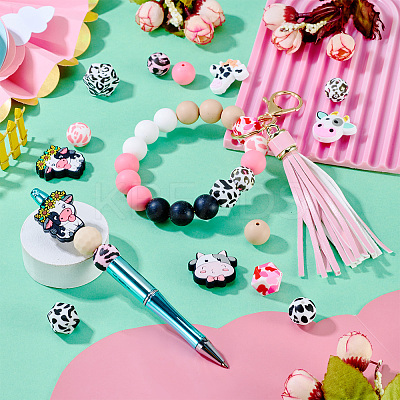 80Pcs Round & Cow Stripe Food Grade Eco-Friendly Silicone Focal Beads SIL-TA0002-68-1