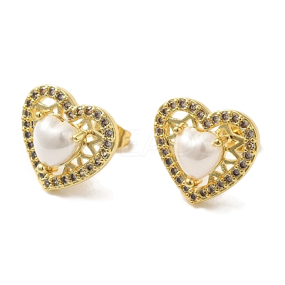 Heart ABS Imitation Pearl Studs Earrings EJEW-K289-01G-1
