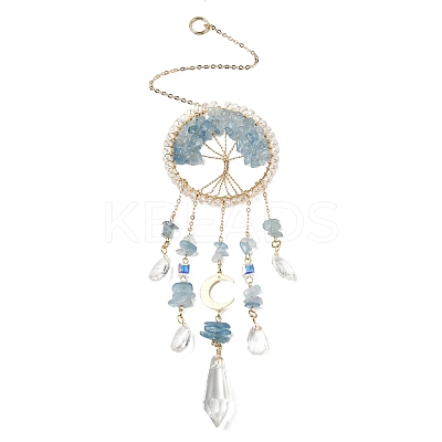 Wire Wrapped Natural Aquamarine Chip Tree of Life Window Hanging Prism Ornaments HJEW-TA00283-01-1