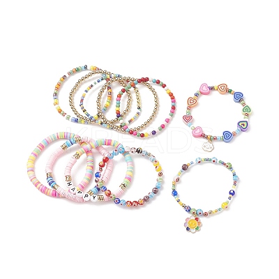 11Pcs 10 Style Synthetic Turquoise(Dyed) & Hematite & Millefiori Glass Stretch Bracelets Set with Word Happy Beaded BJEW-JB08832-1