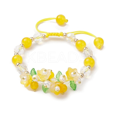 Flower Glass & Acrylic Braided Bead Adjustable Bracelets for Women BJEW-JB10446-04-1