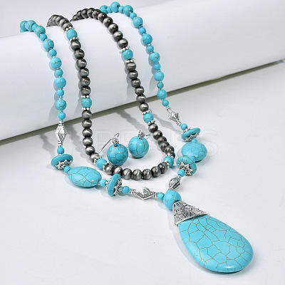 Teardrop Synthetic Turquoise Pendant Necklaces & Dangle Earrings & Stretch Bracelets Sets FS-WGCD8C0-01-1