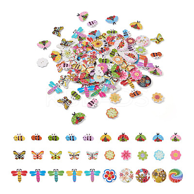 300Pcs 6 Style Painted Poplar Wood Buttons FIND-MP0001-08-1